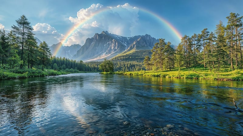 mountain scenery with rainbow